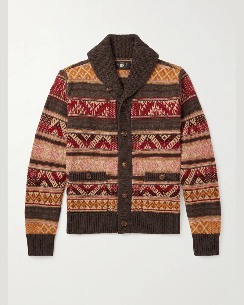 RRL Cardigan aus Jacquard-Strick aus einer Mischung aus Wolle, Leinen und Seide mit Schalkragen Braun