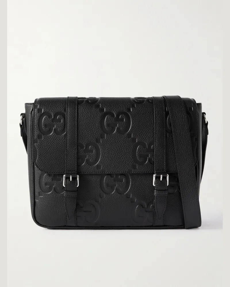 Gucci Jumbo GG mittelgroße Umhängetasche aus vollnarbigem Leder mit Logoprägung Schwarz