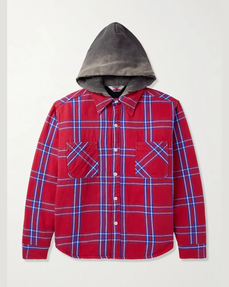 SAINT MXXXXXX Gepolsterte Hemdjacke aus kariertem Baumwollflanell mit Kapuze, Jersey-Besatz und Logoprint Rot