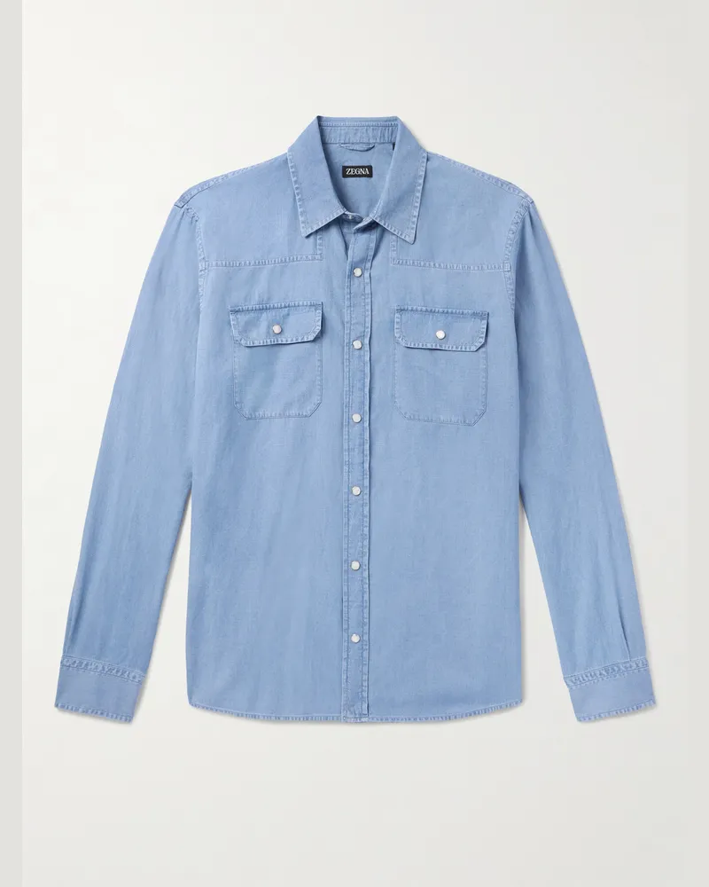 Ermenegildo Zegna Hemd aus Chambray aus einer Baumwoll-Leinenmischung Blau