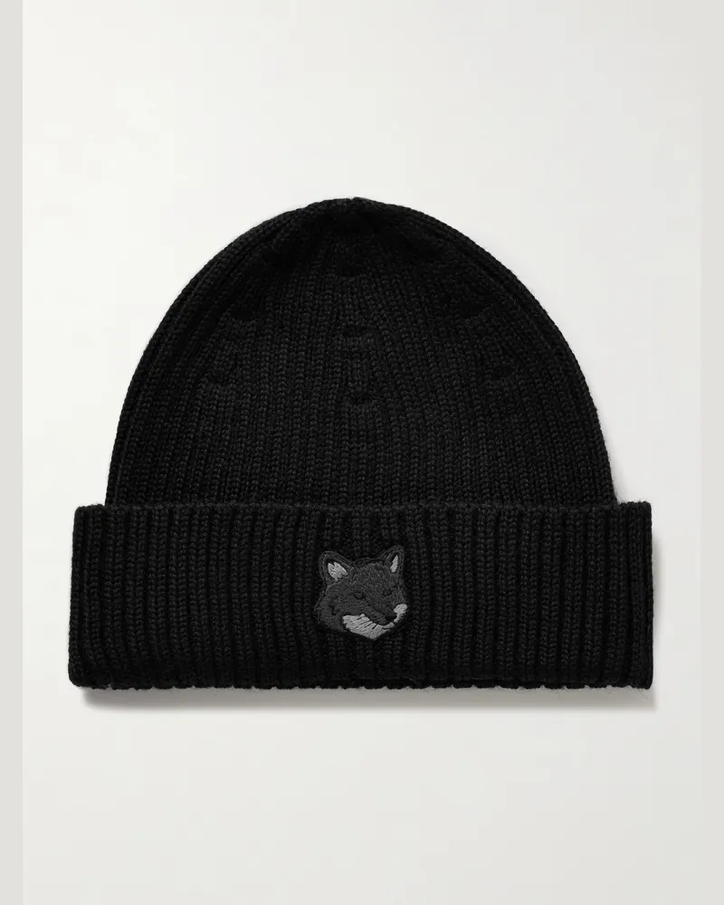 Kitsuné Beanie aus Wolle in Rippstrick mit Logoapplikation Schwarz