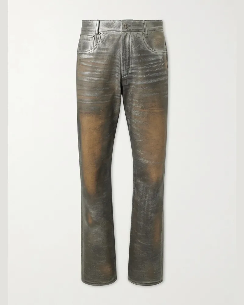 FourTwoFour on Fairfax Straight-Leg Leather Trousers Silver