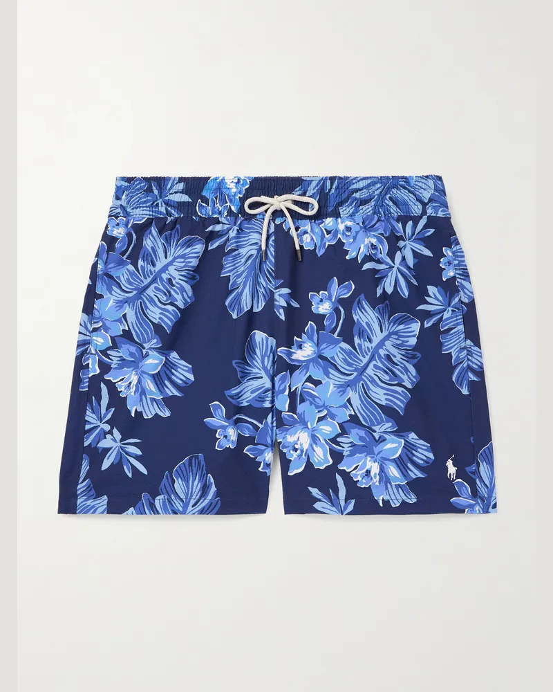 Ralph Lauren Traveler gerade geschnittene mittellange Badeshorts aus Seersucker mit Blumenprint Blau