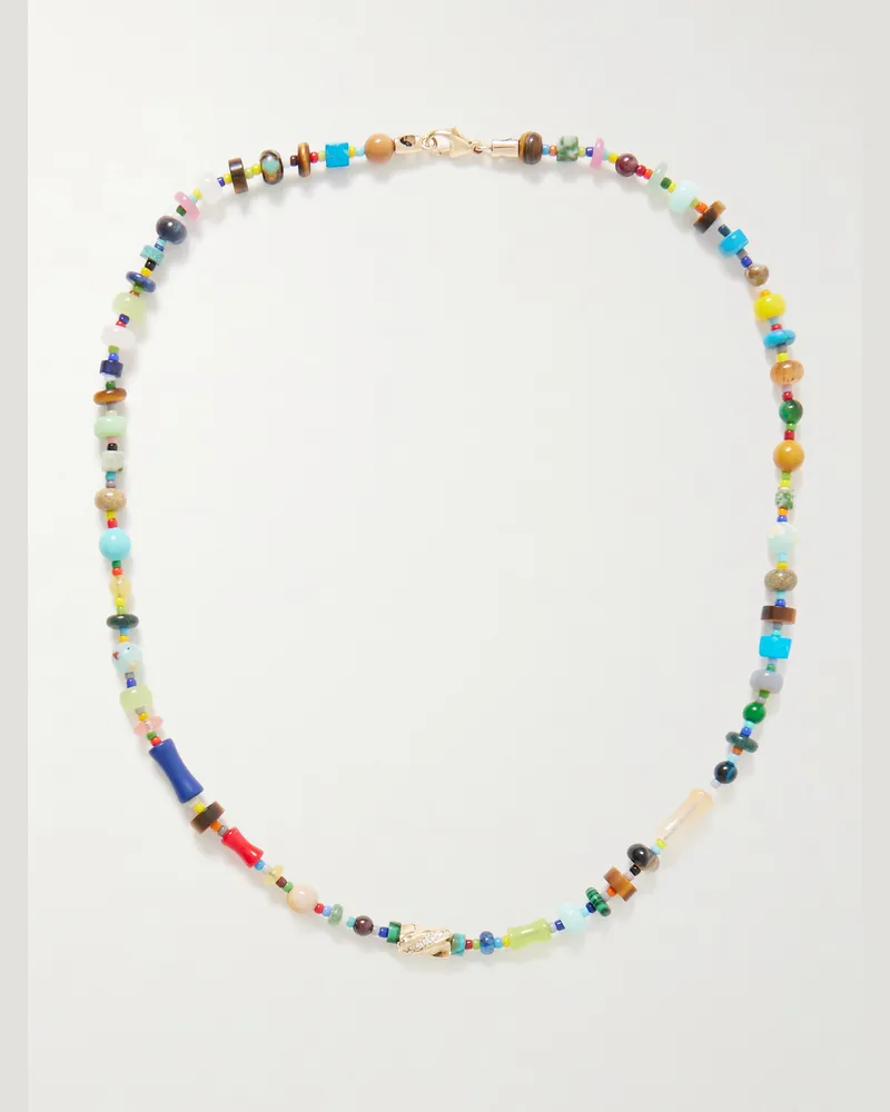 Luis Morais Kette mit Zierperlen, Achaten, Diamanten und Details aus 14 Karat Gold Mehrfarbig