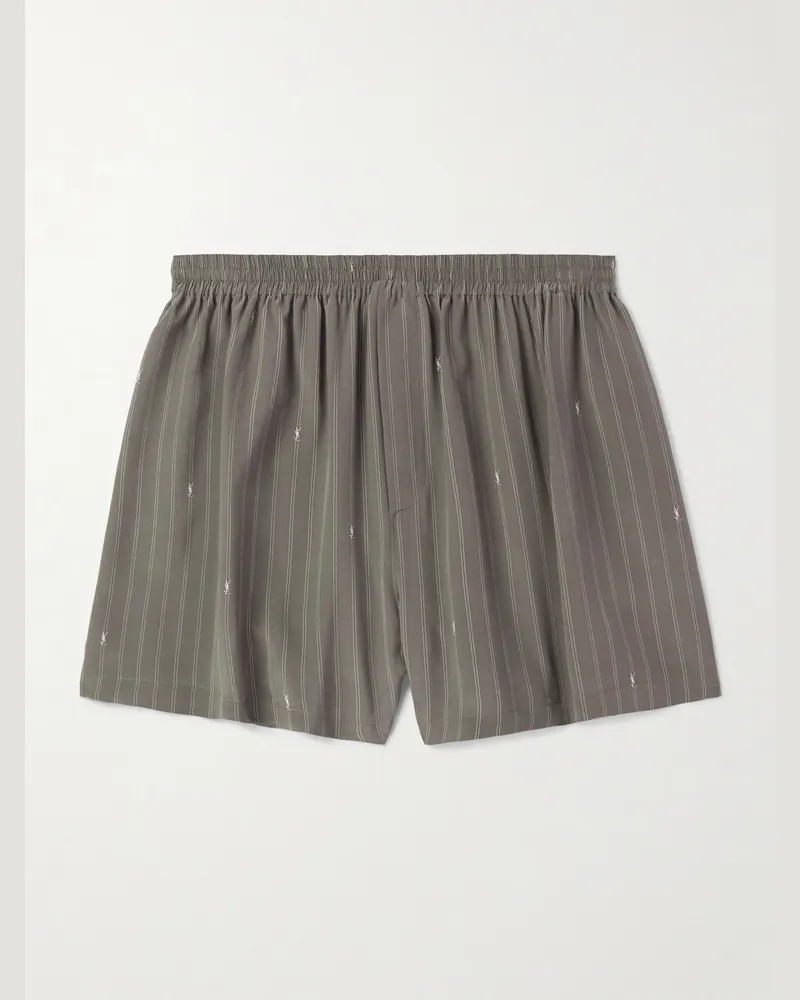 Saint Laurent Straight-Leg Logo-Print Pinstriped Silk Shorts Gray