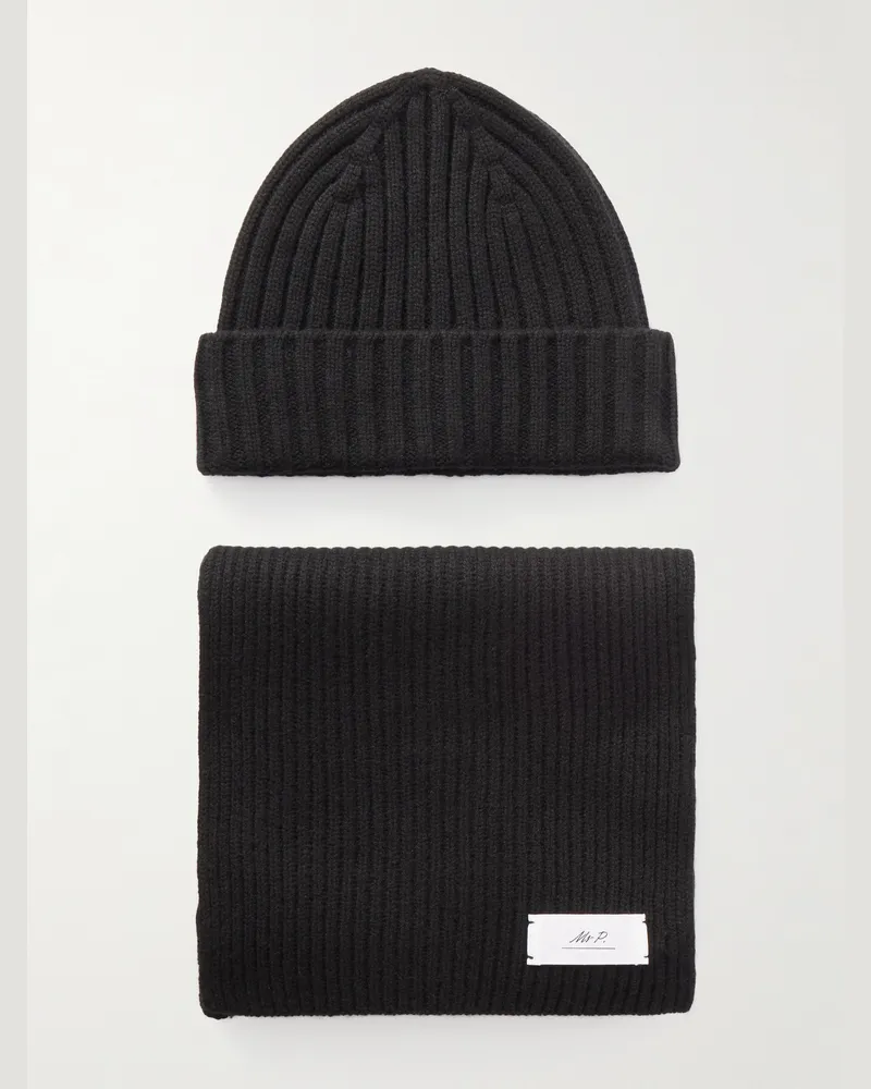 MR P. Set aus Beanie und Schal aus Kaschmir in Rippstrick Schwarz