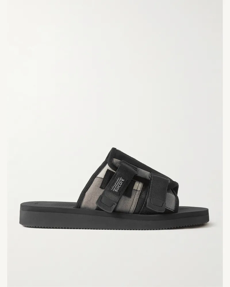 SUICOKE KAW-VS Sandalen aus Denim mit Besätzen aus Webband und Veloursleder Schwarz