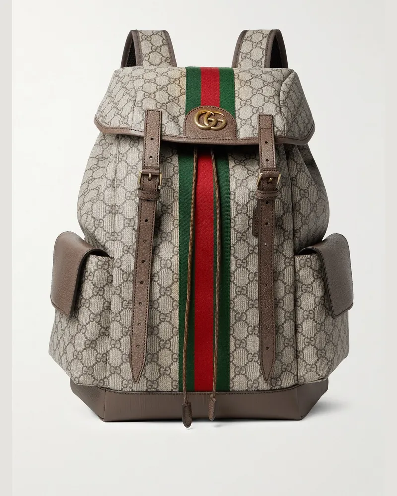 Gucci Ophidia Leather and Webbing-Trimmed Monogrammed Coated-Canvas Backpack Braun