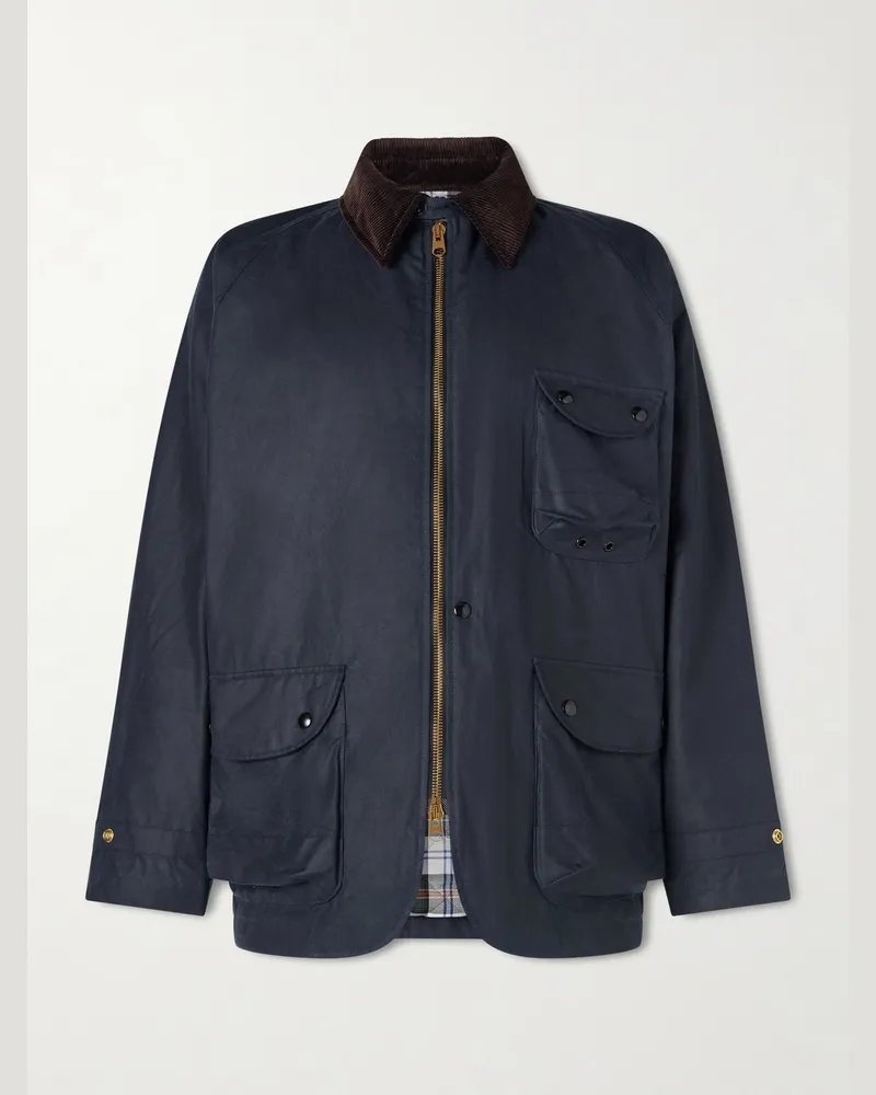 Drake's Wattierte Jacke aus gewachster Baumwolle mit Cordbesatz Blau