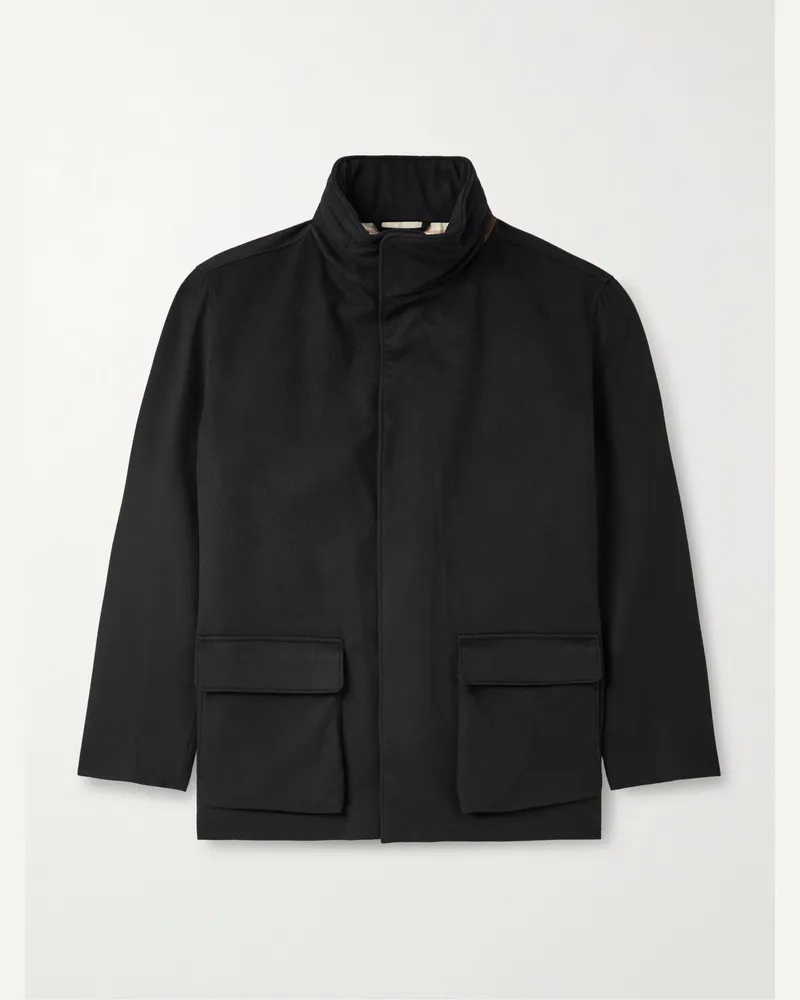 Loro Piana Mantel aus Storm-System®-Kaschmir mit Velourslederbesatz und Kapuze Schwarz