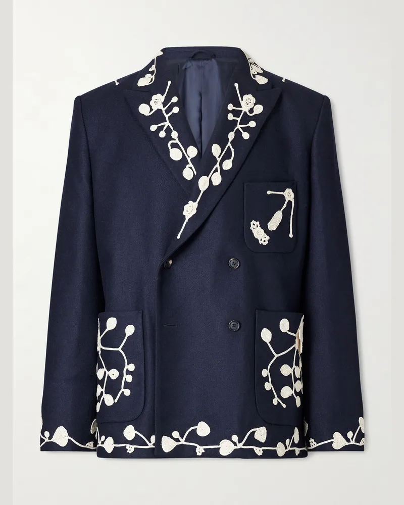 BODE Snowdrop Double-Breasted Appliquéd Wool-Blend Suit Jacket Blue