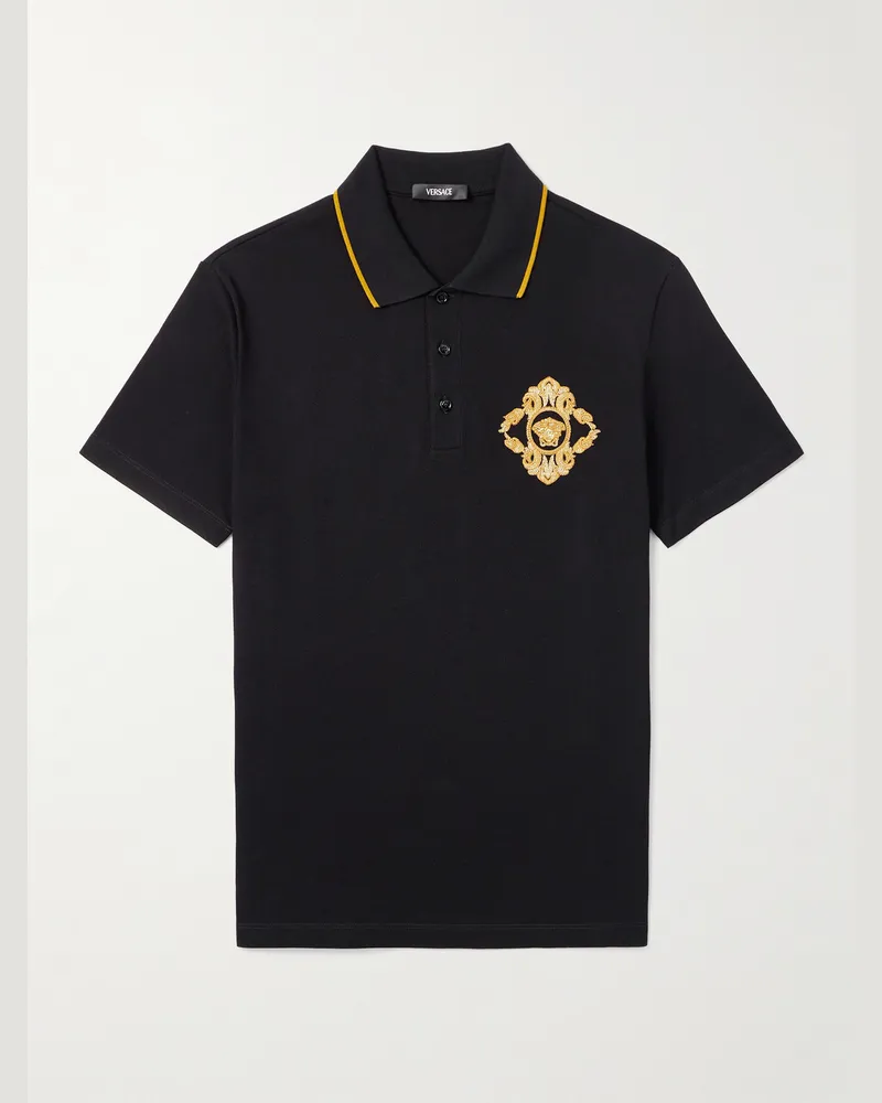 Versace Logo-Embroidered Cotton-Piqué Polo Shirt Black