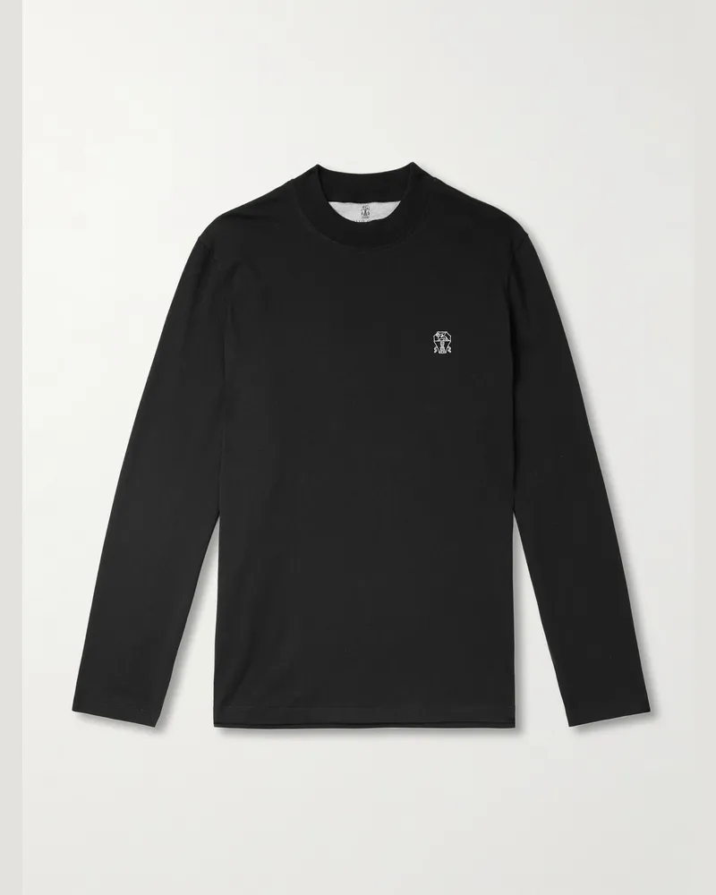 Brunello Cucinelli Oberteil aus Baumwoll-Jersey mit Stehkragen und Logostickerei Schwarz