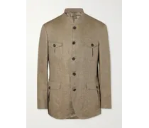 Argylle Jacke aus Leinen mit Fischgratmuster und Nehru-Stehkragen