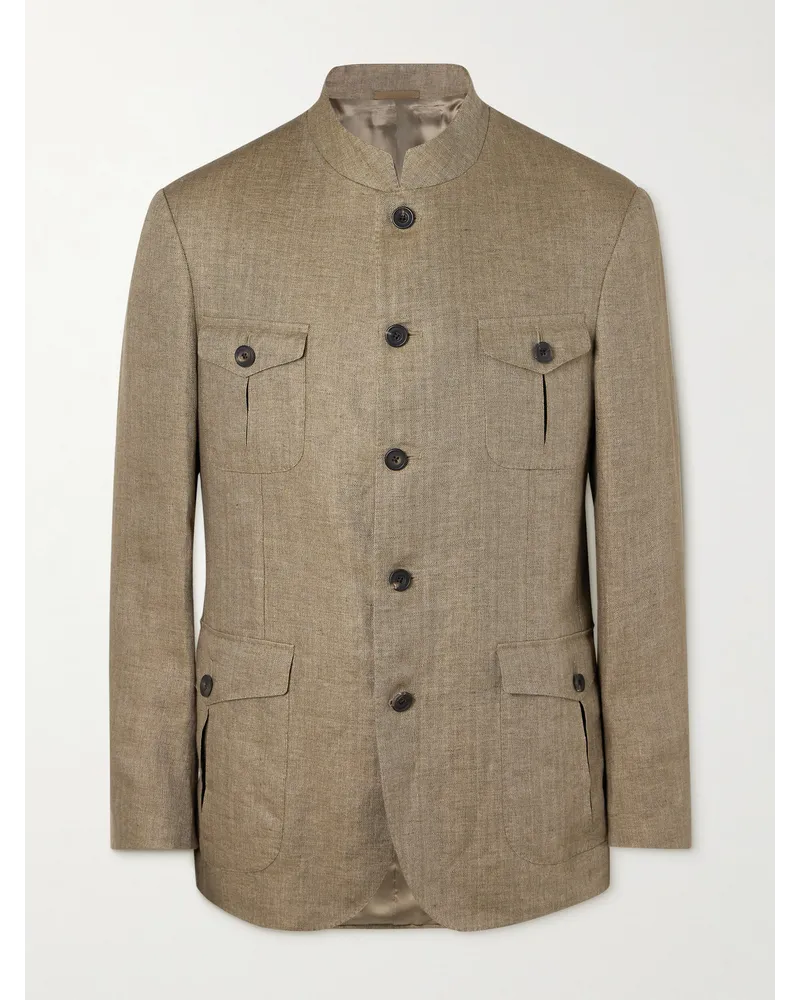 Kingsman Argylle Jacke aus Leinen mit Fischgratmuster und Nehru-Stehkragen Neutral