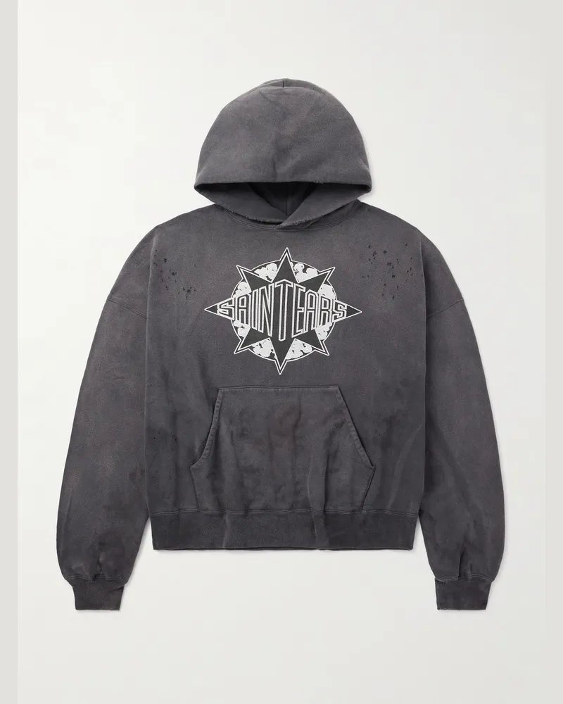 SAINT MXXXXXX Denim Tears Logo-Print Distressed Cotton-Jersey Hoodie Gray