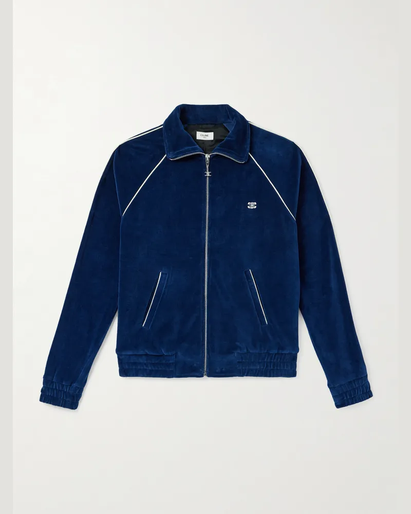 Celine Schmal geschnittene Trainingsjacke aus Velours aus einer Baumwollmischung mit Logostickerei Blau