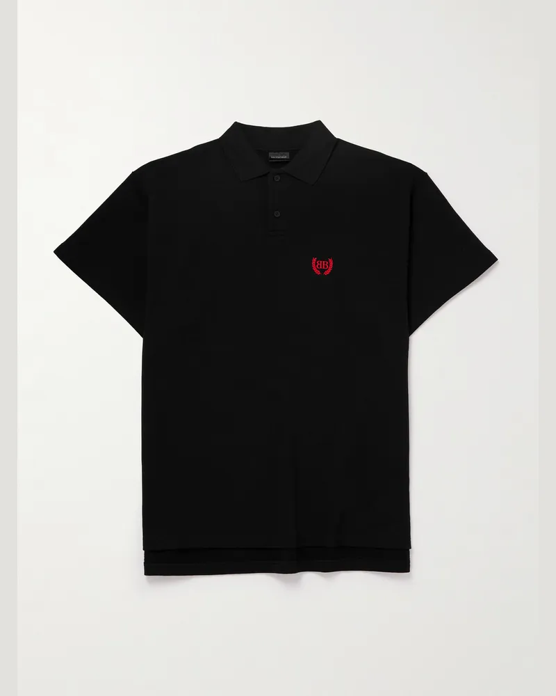 Balenciaga Oversized Logo-Embroidered Cotton Polo Shirt Black