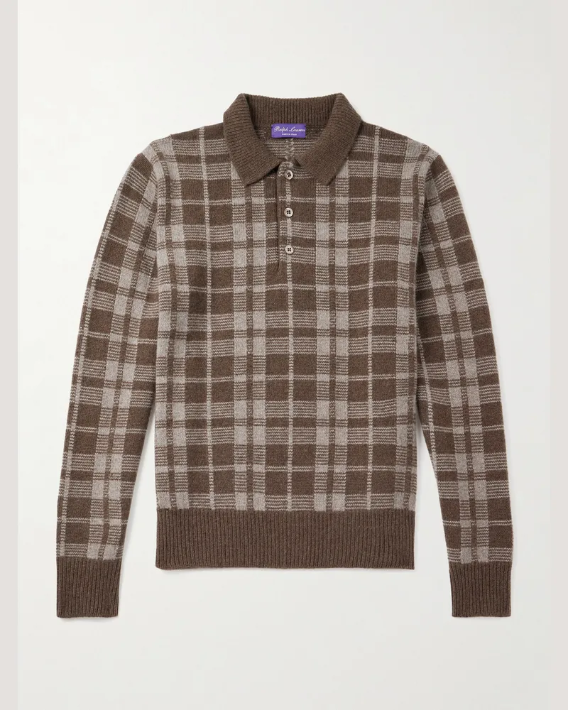 Ralph Lauren Karierter Pullover aus gebürstetem Kaschmir mit Polokragen Braun