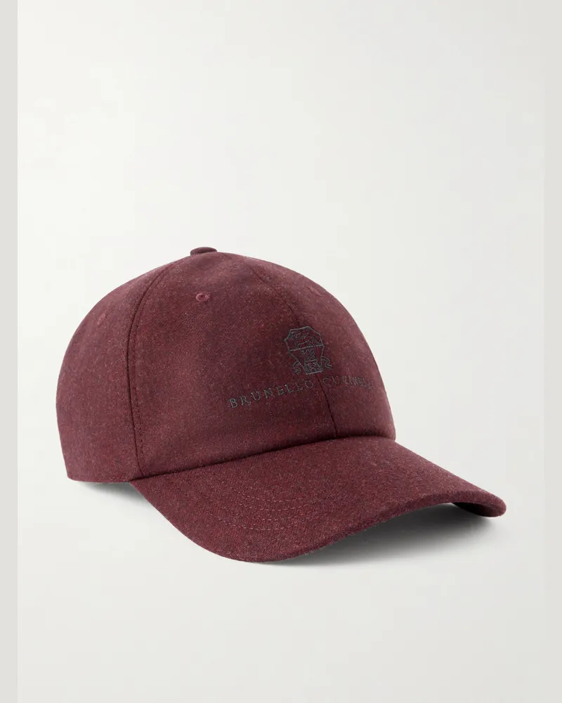Brunello Cucinelli Logo-Embroidered Leather-Trimmed Wool-Flannel Baseball Cap Burgundy