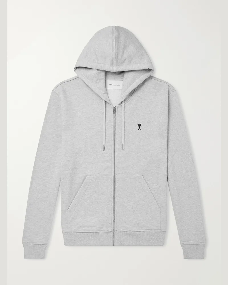 AMI Paris Logo-Embroidered Cotton-Jersey Zip-Up Hoodie Gray