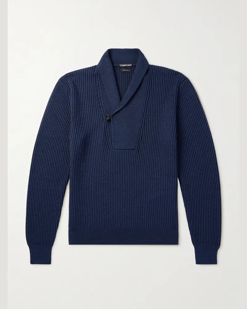 Tom Ford Schmal geschnittener Rippstrickpullover aus einer Merinowollmischung mit Schalkragen und Knopf Blau