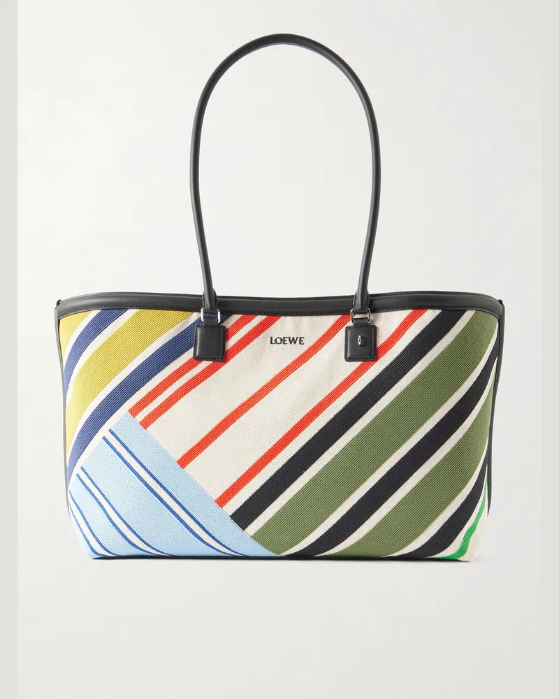 Loewe Verano Logo-Embroidered Striped Leather-Trimmed Canvas Tote Blue