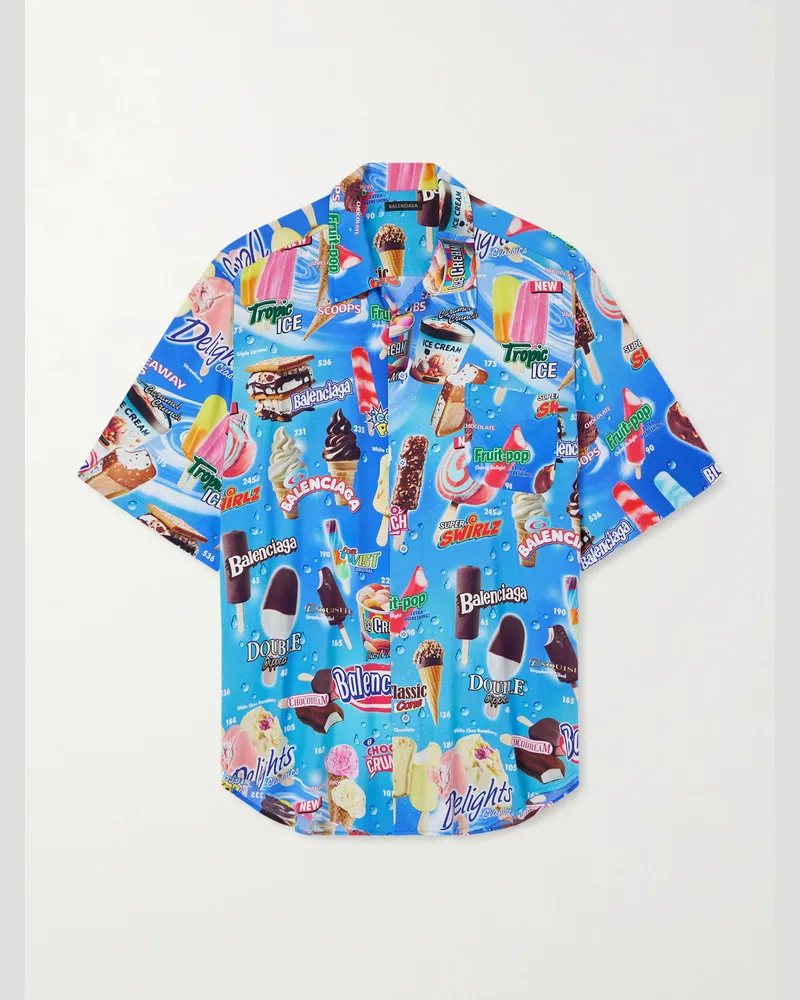 Balenciaga Sweet Treat Minimal Oversized Printed Poplin Shirt Blue