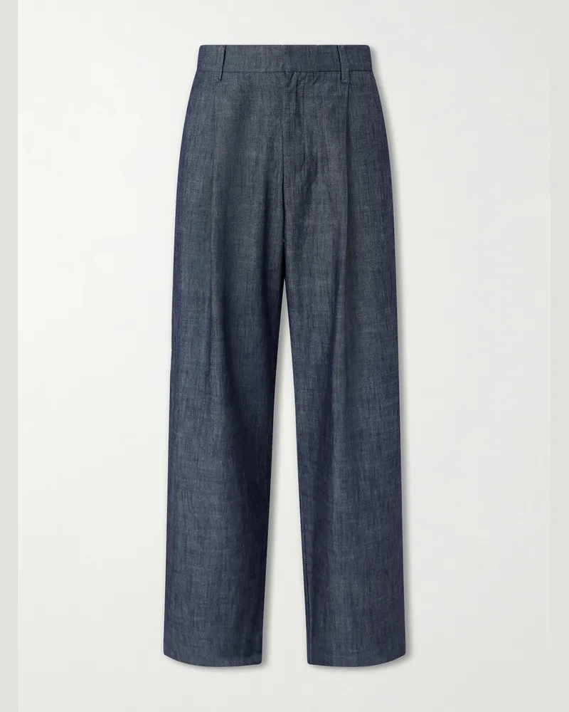 NN 07 Kay 10056 Straight-Leg Pleated Organic Cotton-Chambray Trousers Blue