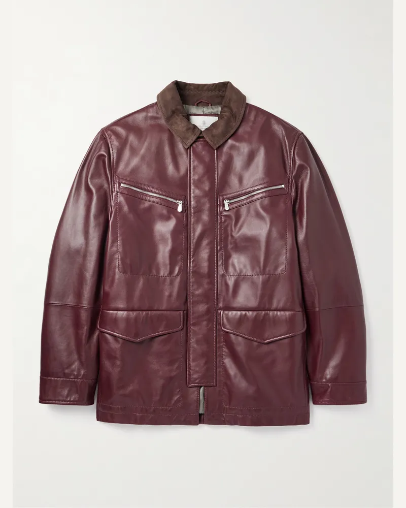 Brunello Cucinelli Wattierte Feldjacke aus Leder mit Nubuklederbesatz Burgunder