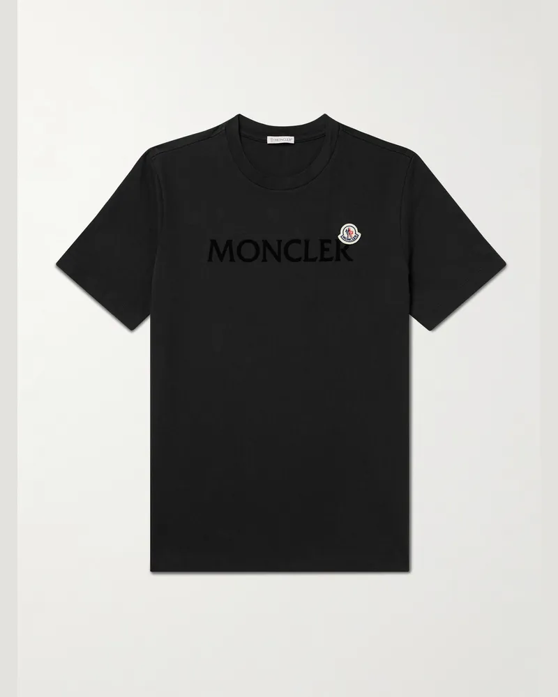 Moncler T-Shirt aus Baumwoll-Jersey mit Logoflockdruck und Applikation Schwarz