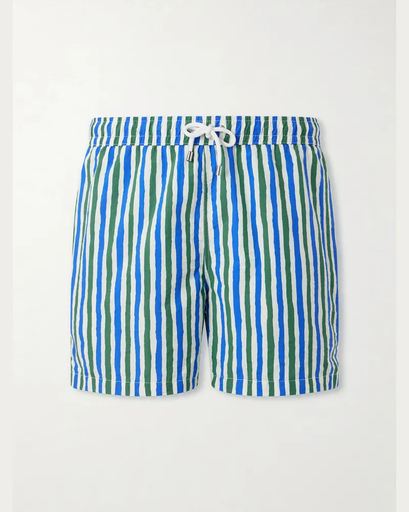 Drake's Straight-Leg Mid-Length Striped Swim Shorts Blue