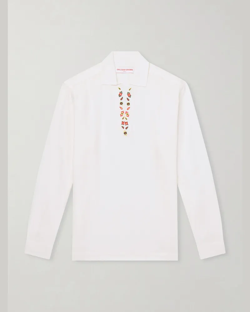 Orlebar Brown Ridley Embroidered Linen Polo Shirt White
