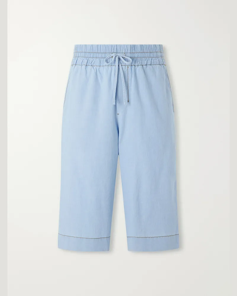 AMI Paris Straight-Leg Logo-Embroidred Cotton-Chambray Shorts Blue