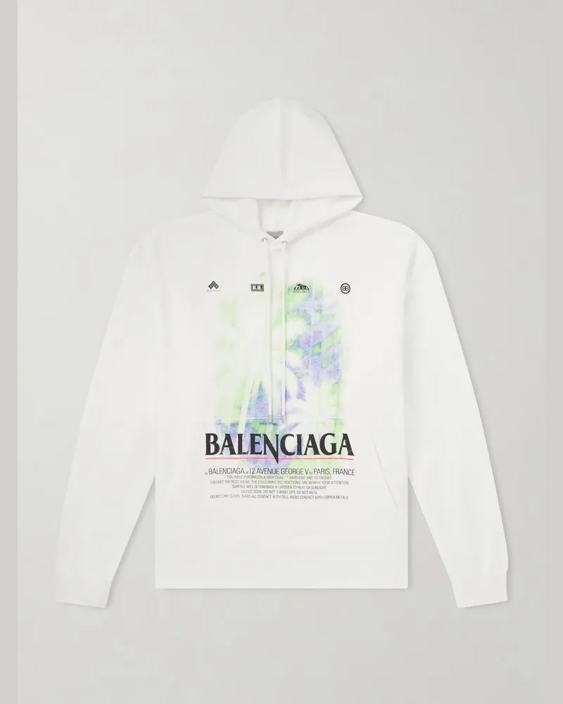 Balenciaga Oversized Printed Cotton-Jersey Hoodie White