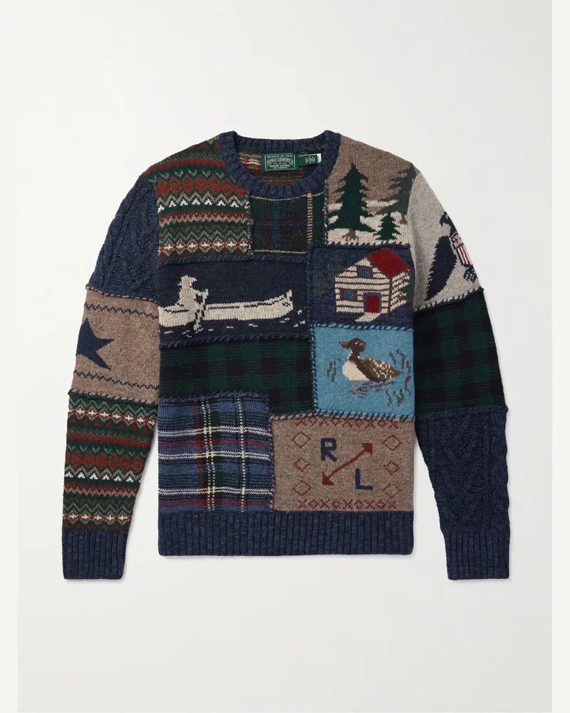 Ralph Lauren Polo Country Patchwork Jacquard-Knit Wool and Cashmere-Blend Sweater Blue