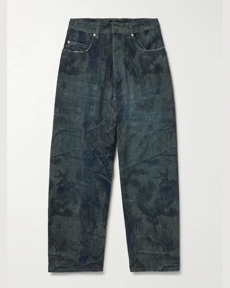 Balenciaga Wide-Leg Distressed Camouflage-Print Jeans Blue