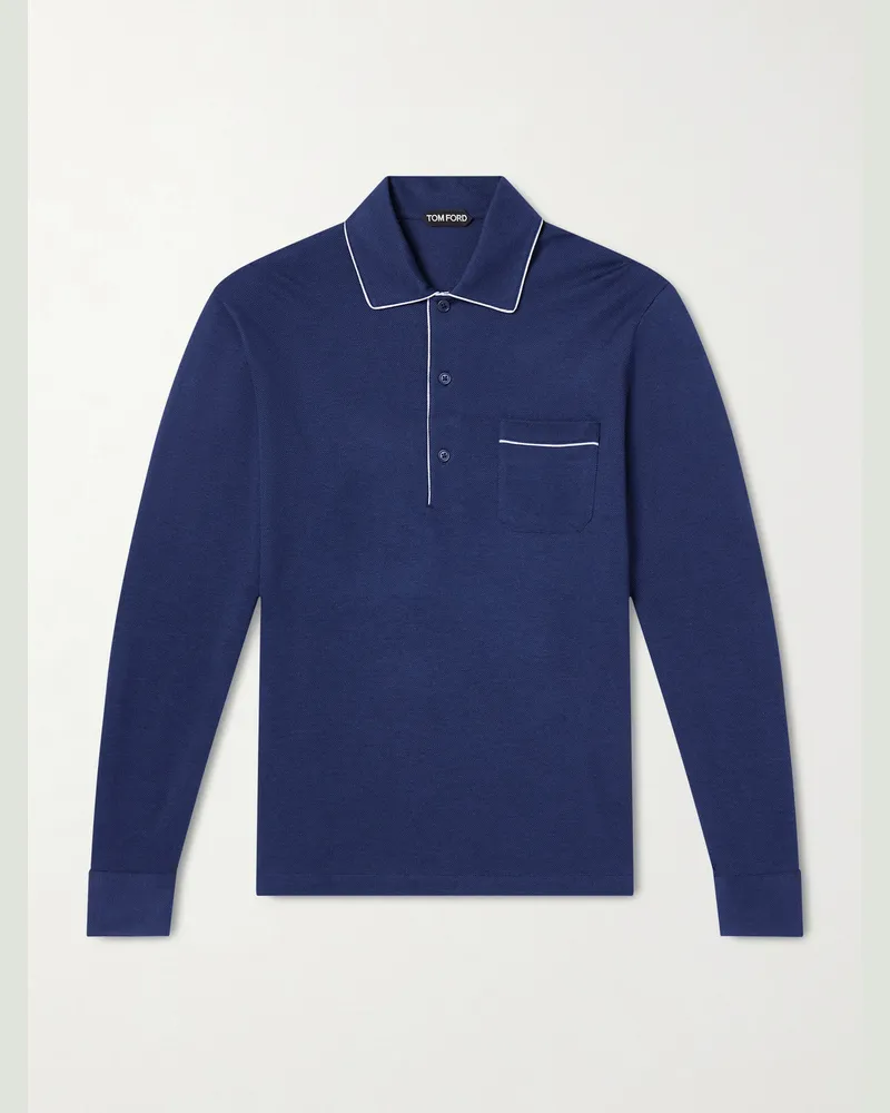 Tom Ford Piped Silk and Cotton-Blend Piqué Polo Shirt Blue