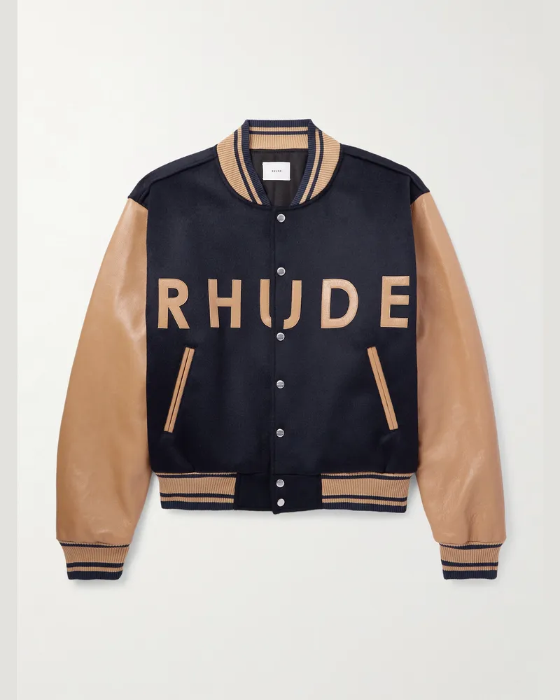 RHUDE Collegejacke aus Wollfilz und Leder mit Logoapplikation Blau
