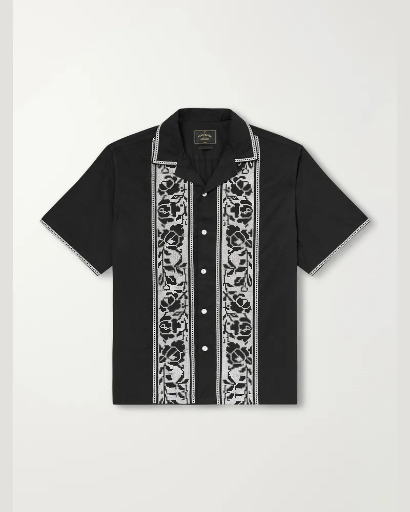 Portuguese Flannel Convertible-Collar Embroidered Cotton Shirt Black