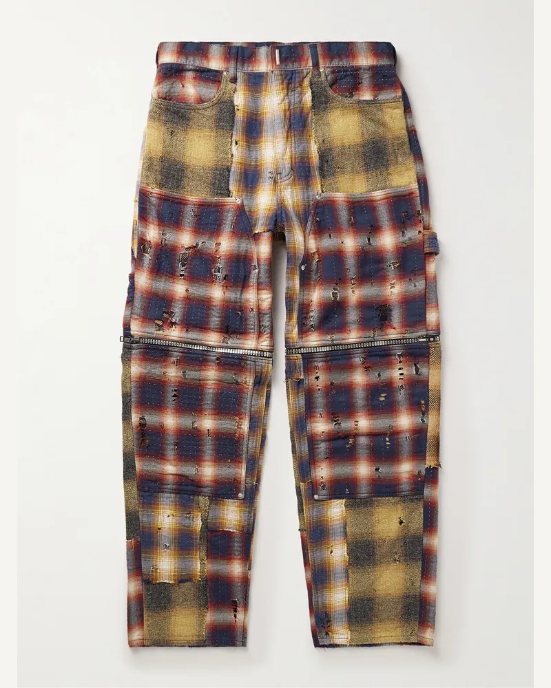 Givenchy Straight-Leg Convertible Distressed Checked Cotton-Flannel Trousers Brown