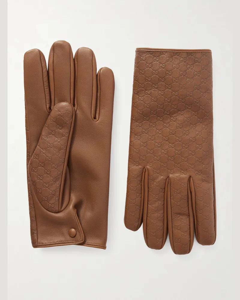 Gucci Monogram-Embossed Leather Gloves Brown