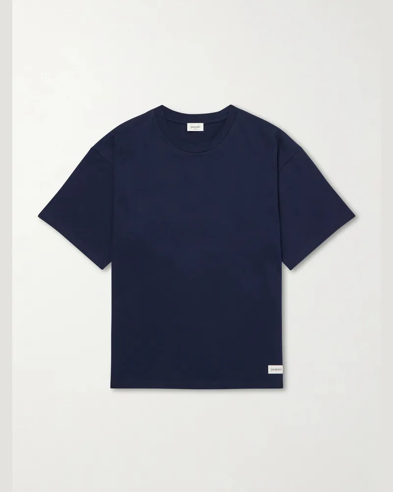Saint Laurent Logo-Appliquéd Cotton and Modal-Blend Jersey T-Shirt Blue