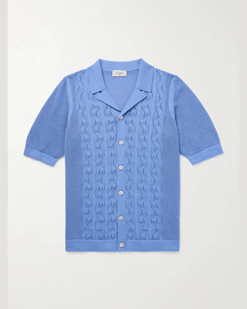 PIACENZA 1733 Slim-Fit Camp-Collar Pointelle-Knit Cotton Shirt Blue