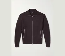 Leather-Trimmed Merino Wool Cardigan