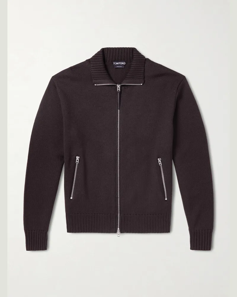 Tom Ford Leather-Trimmed Merino Wool Cardigan Brown