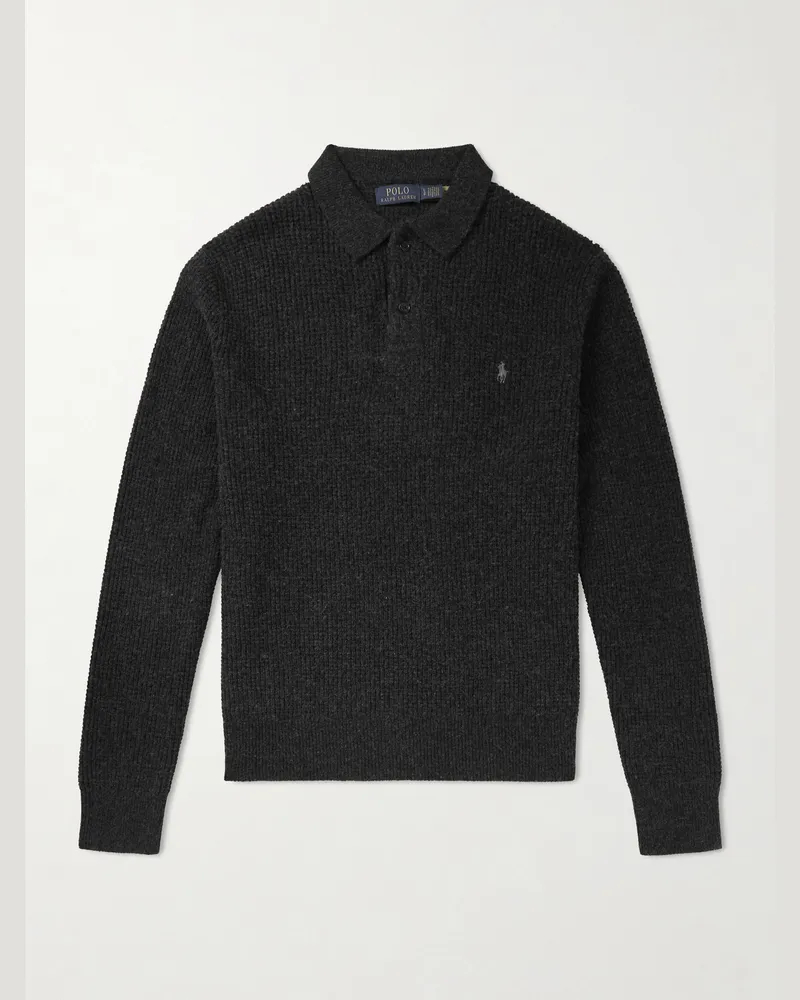 Ralph Lauren Pullover aus einer Woll-Baumwollmischung in Waffelstrick mit Logostickerei und Polokragen Grau