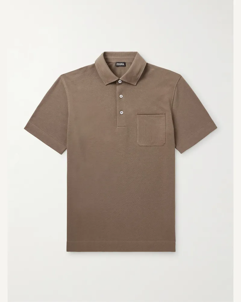 Ermenegildo Zegna Slim-Fit Leather-Trimmed Cotton-Piqué Polo Shirt Brown