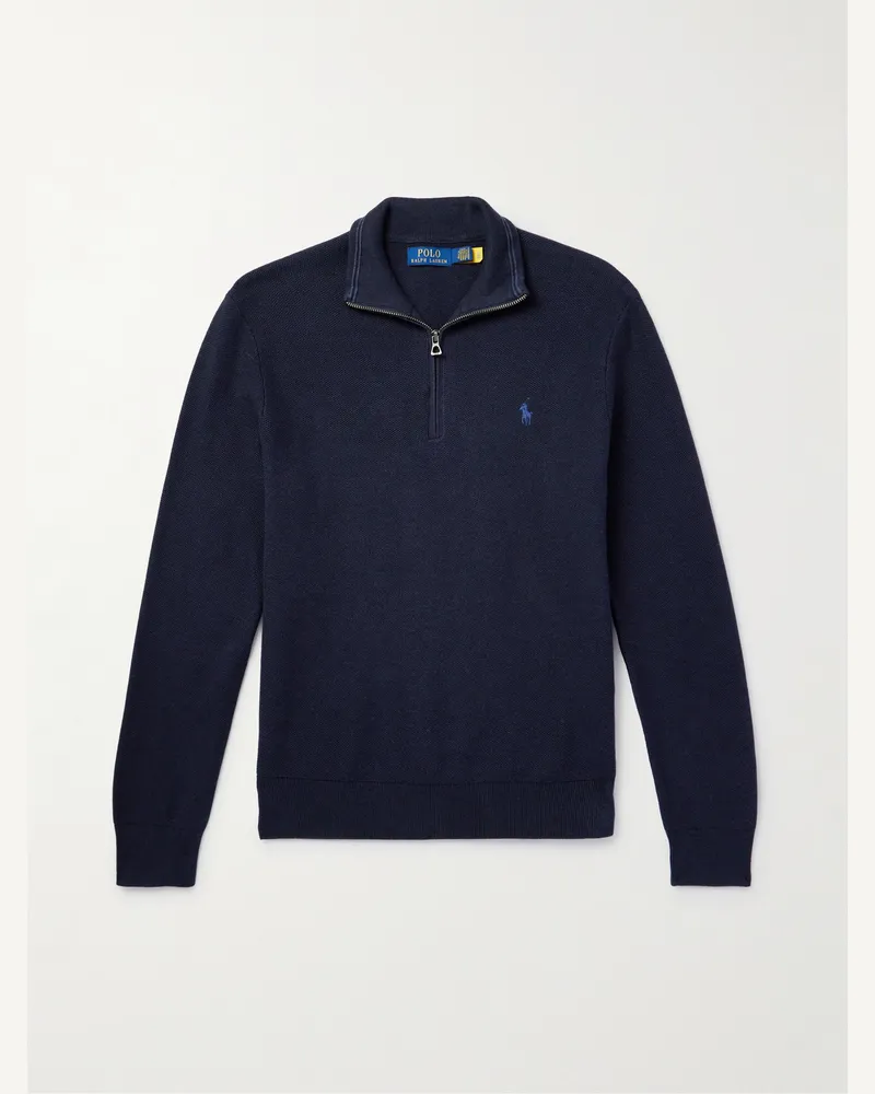 Ralph Lauren Pullover aus Baumwolle in Wabenstrick mit Logostickerei und kurzem Reißverschluss Blau