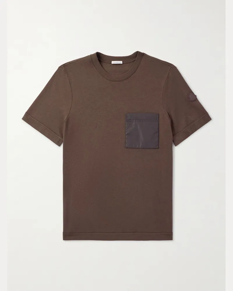 Moncler T-Shirt aus Jersey aus einer Baumwoll-Kaschmirmischung mit Shell-Besatz und Logoapplikation Braun